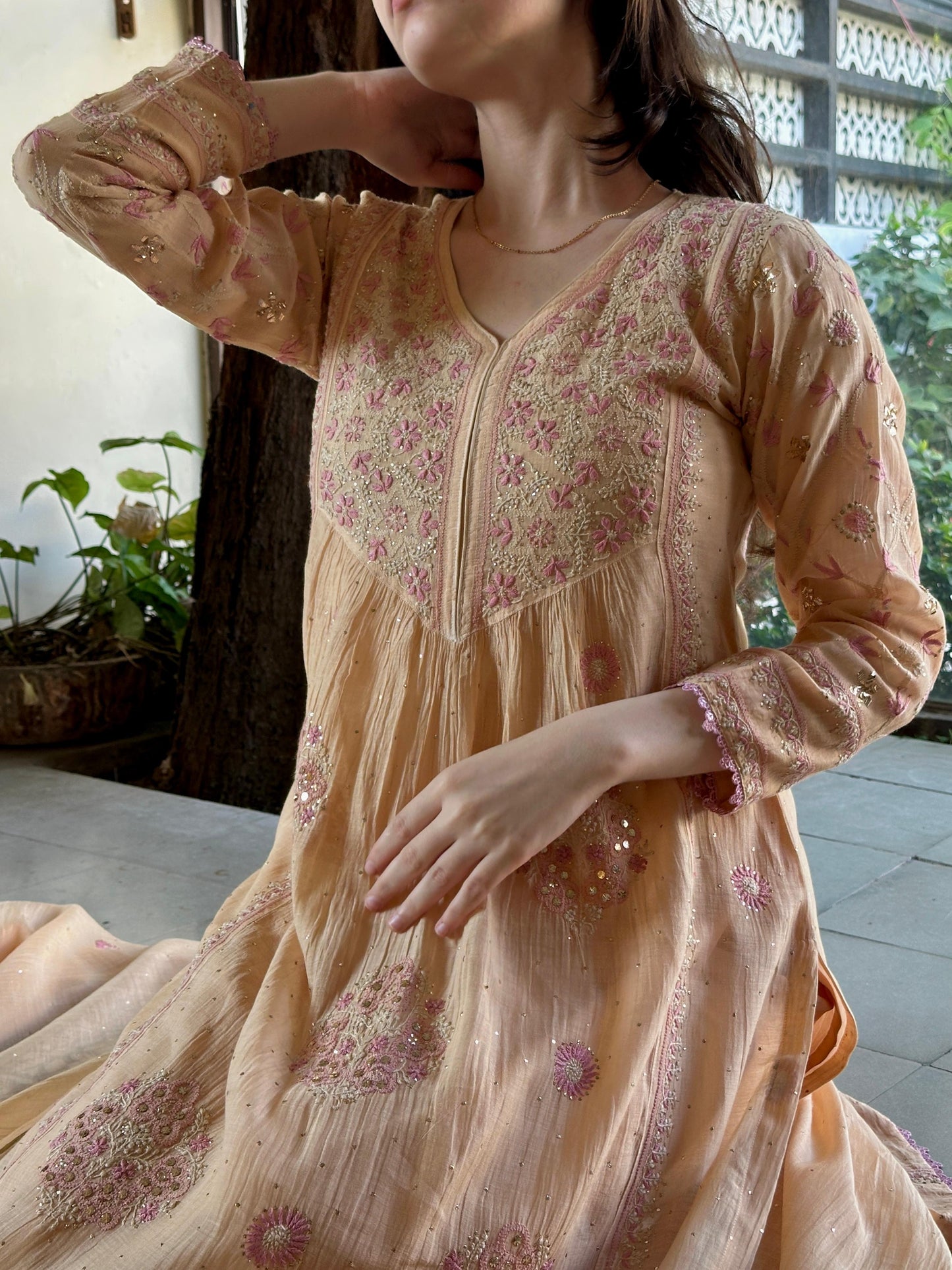 Peach Shade Malmal Mukaish Kamdani Heavy Sleeves Tux Chikankari Kurta Set