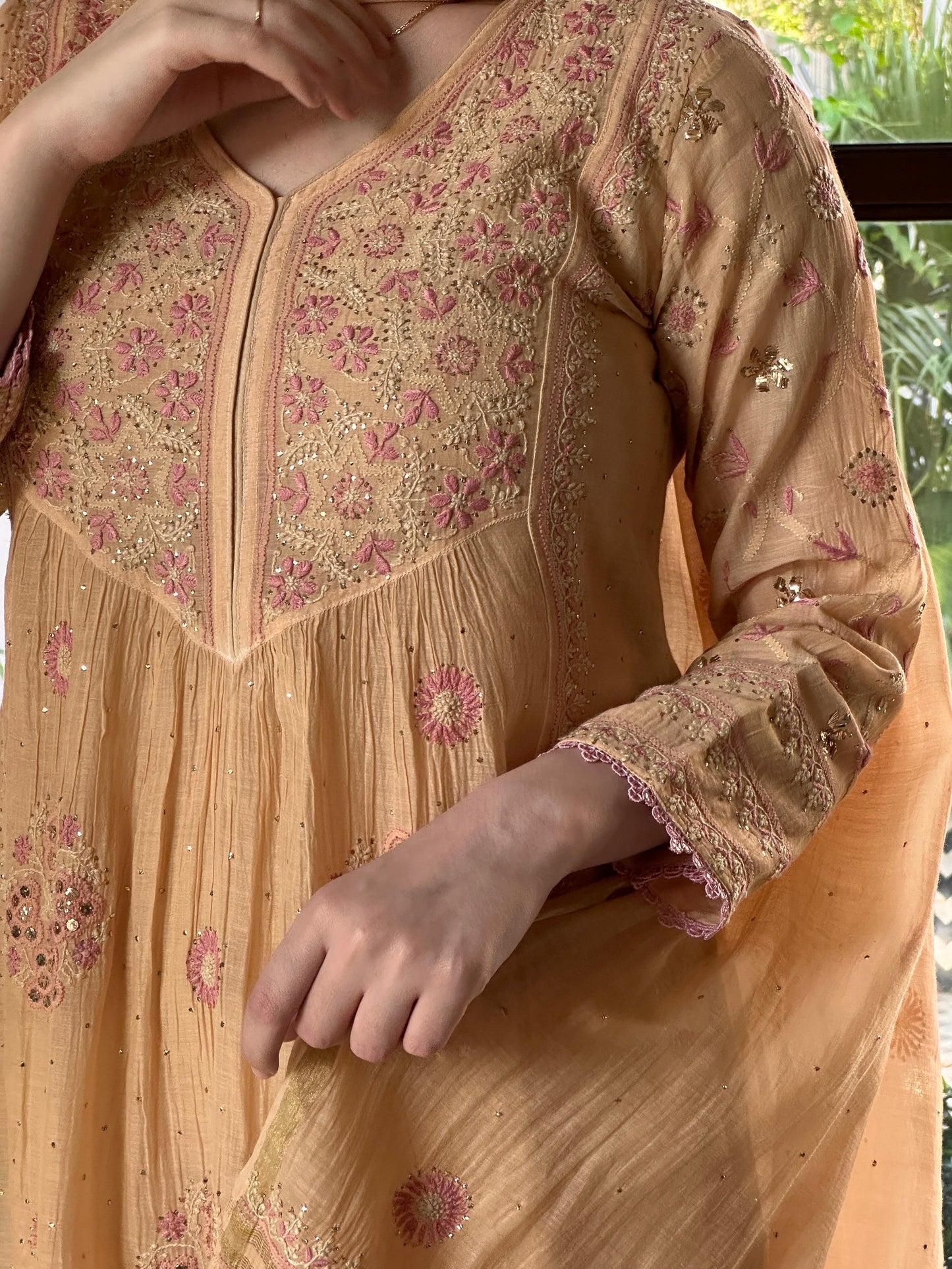 Peach Shade Malmal Mukaish Kamdani Heavy Sleeves Tux Chikankari Kurta Set