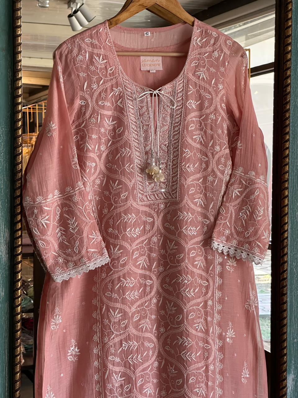Peach Shade Malmal Pearl Work Chikankari Kurta With Dupatta