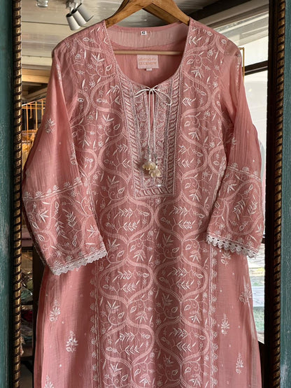 Peach Shade Malmal Pearl Work Chikankari Kurta With Dupatta