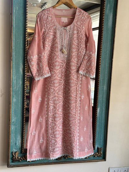 Peach Shade Malmal Pearl Work Chikankari Kurta With Dupatta
