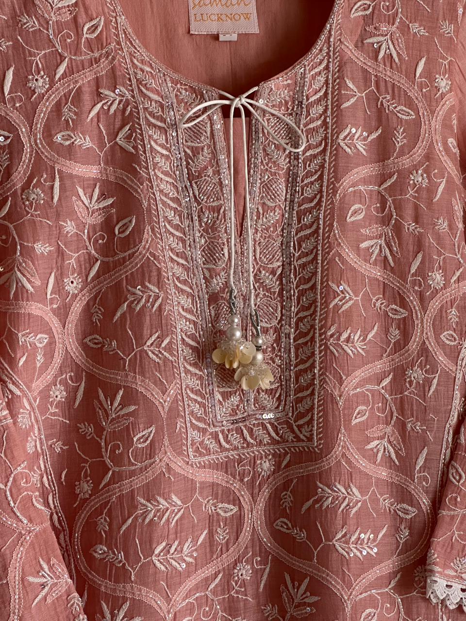 Peach Shade Malmal Pearl Work Chikankari Kurta With Dupatta