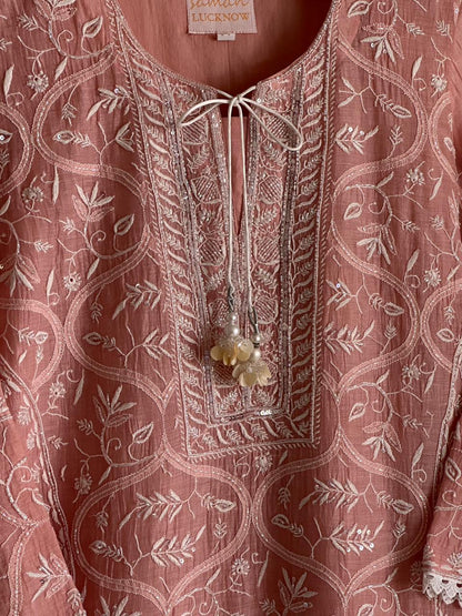 Peach Shade Malmal Pearl Work Chikankari Kurta With Dupatta