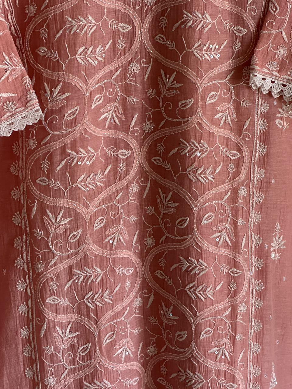 Peach Shade Malmal Pearl Work Chikankari Kurta With Dupatta