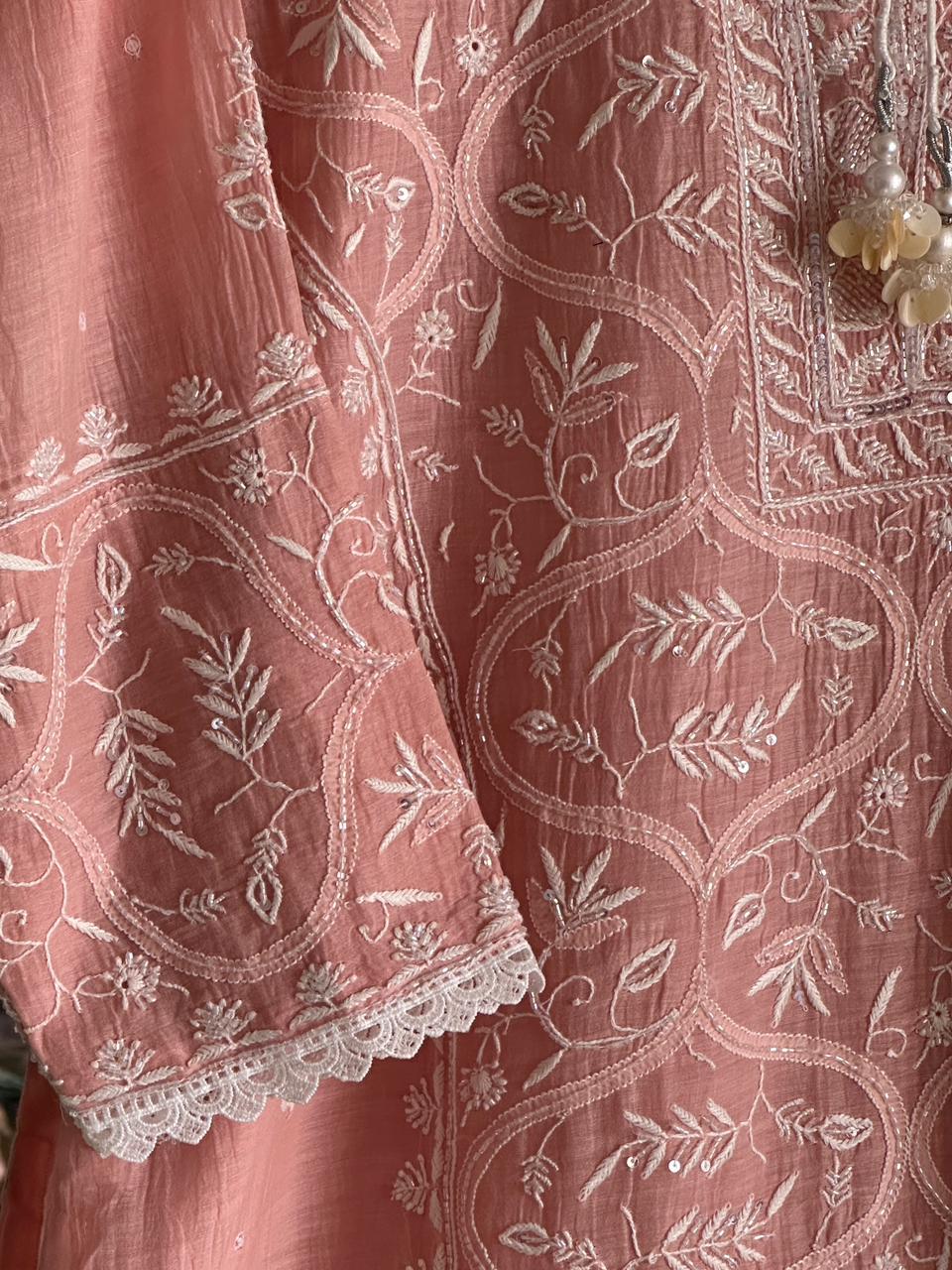 Peach Shade Malmal Pearl Work Chikankari Kurta With Dupatta