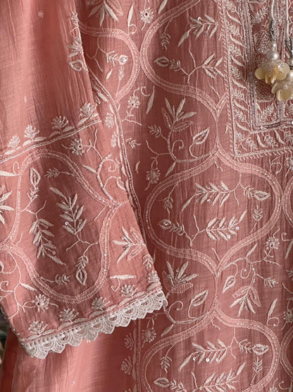 Peach Shade Malmal Pearl Work Chikankari Kurta With Dupatta
