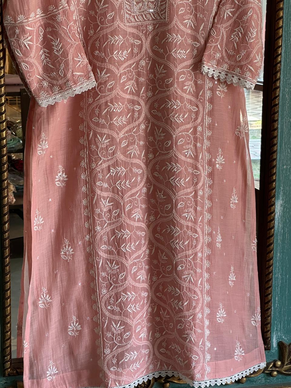 Peach Shade Malmal Pearl Work Chikankari Kurta With Dupatta