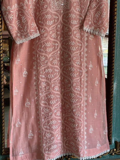 Peach Shade Malmal Pearl Work Chikankari Kurta With Dupatta