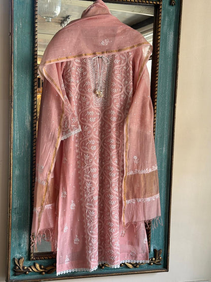Peach Shade Malmal Pearl Work Chikankari Kurta With Dupatta