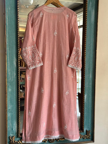 Peach Shade Malmal Pearl Work Chikankari Kurta With Dupatta