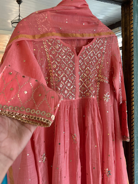 Peach Shade Mukaish Mul Chanderi Silk Dress