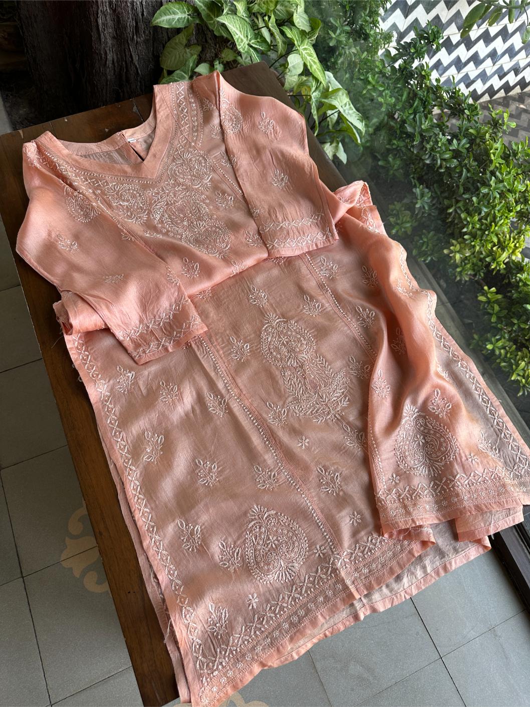 Peach Shade Mulberry Silk Resham Chikankari Kurta