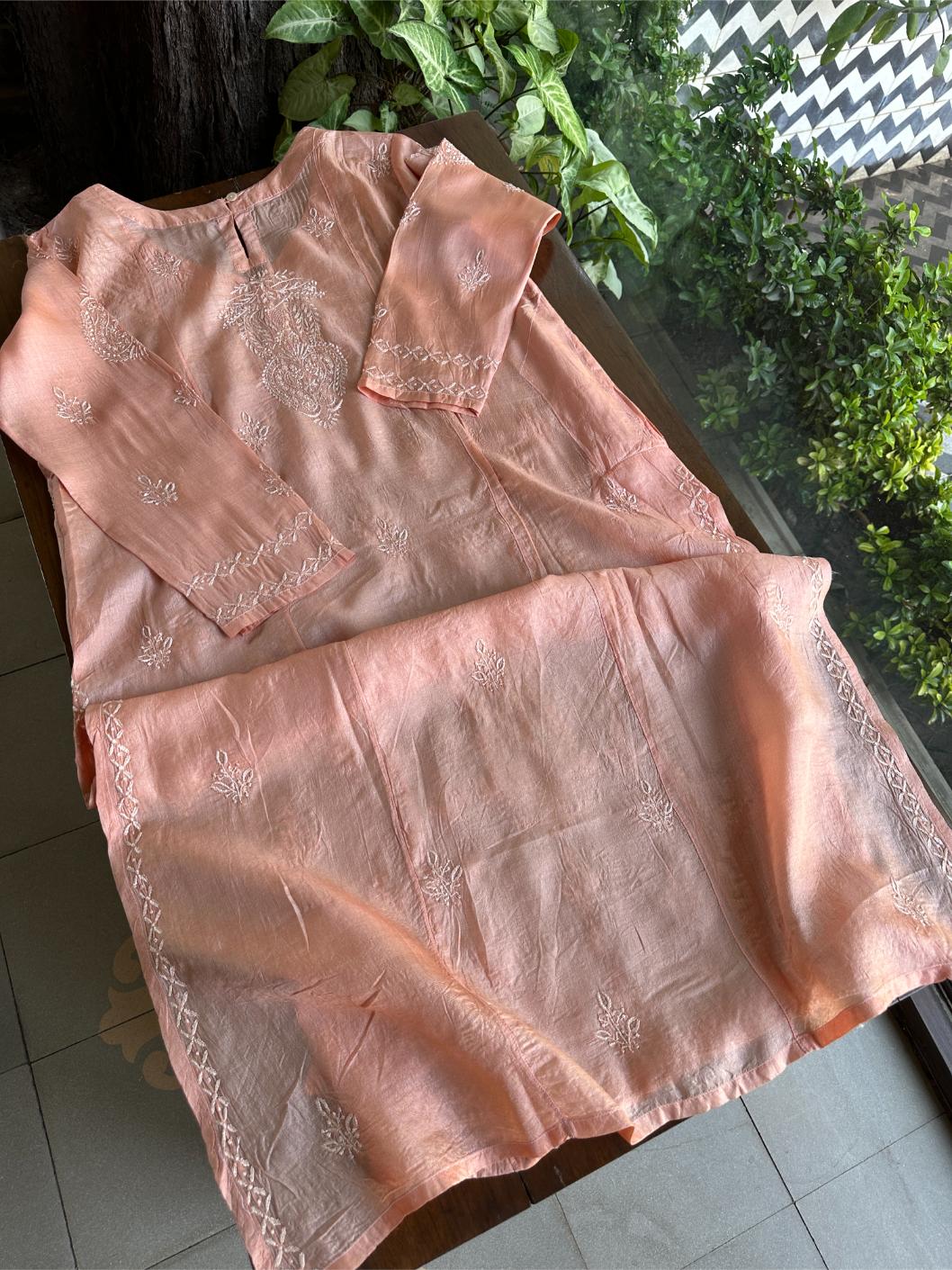 Peach Shade Mulberry Silk Resham Chikankari Kurta