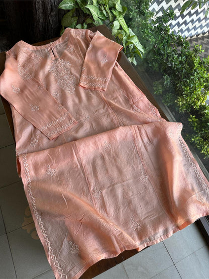 Peach Shade Mulberry Silk Resham Chikankari Kurta