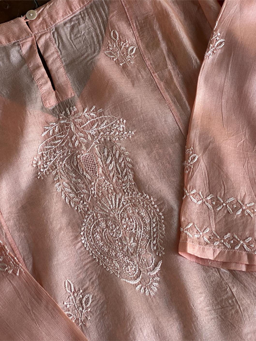 Peach Shade Mulberry Silk Resham Chikankari Kurta