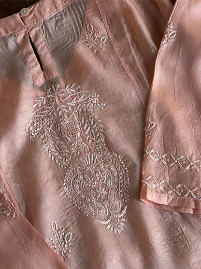 Peach Shade Mulberry Silk Resham Chikankari Kurta