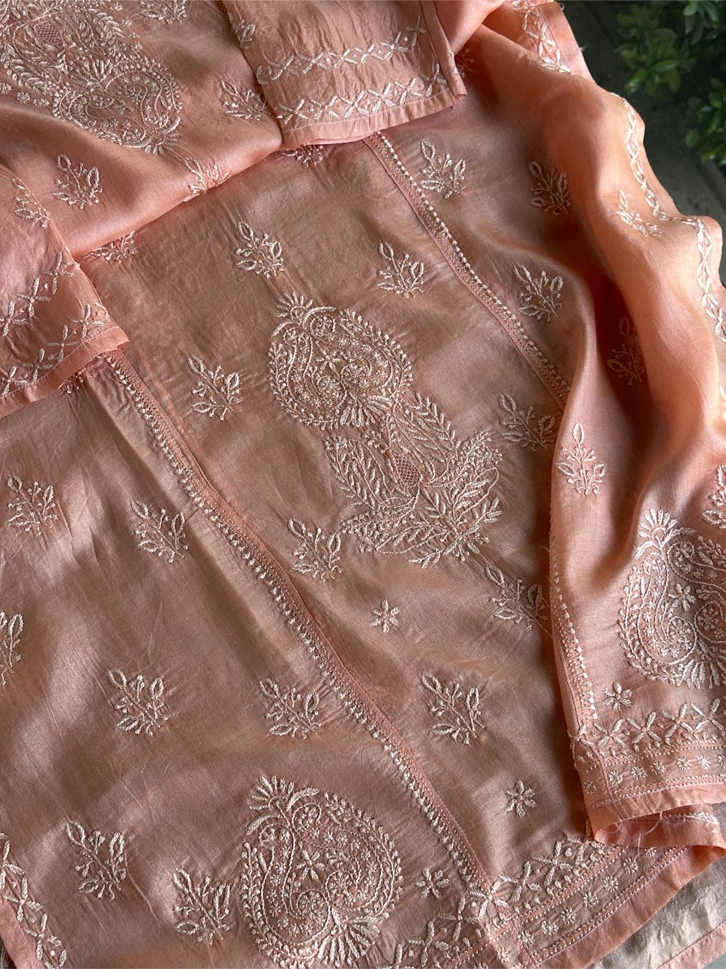 Peach Shade Mulberry Silk Resham Chikankari Kurta