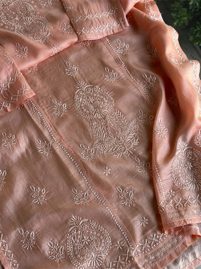 Peach Shade Mulberry Silk Resham Chikankari Kurta