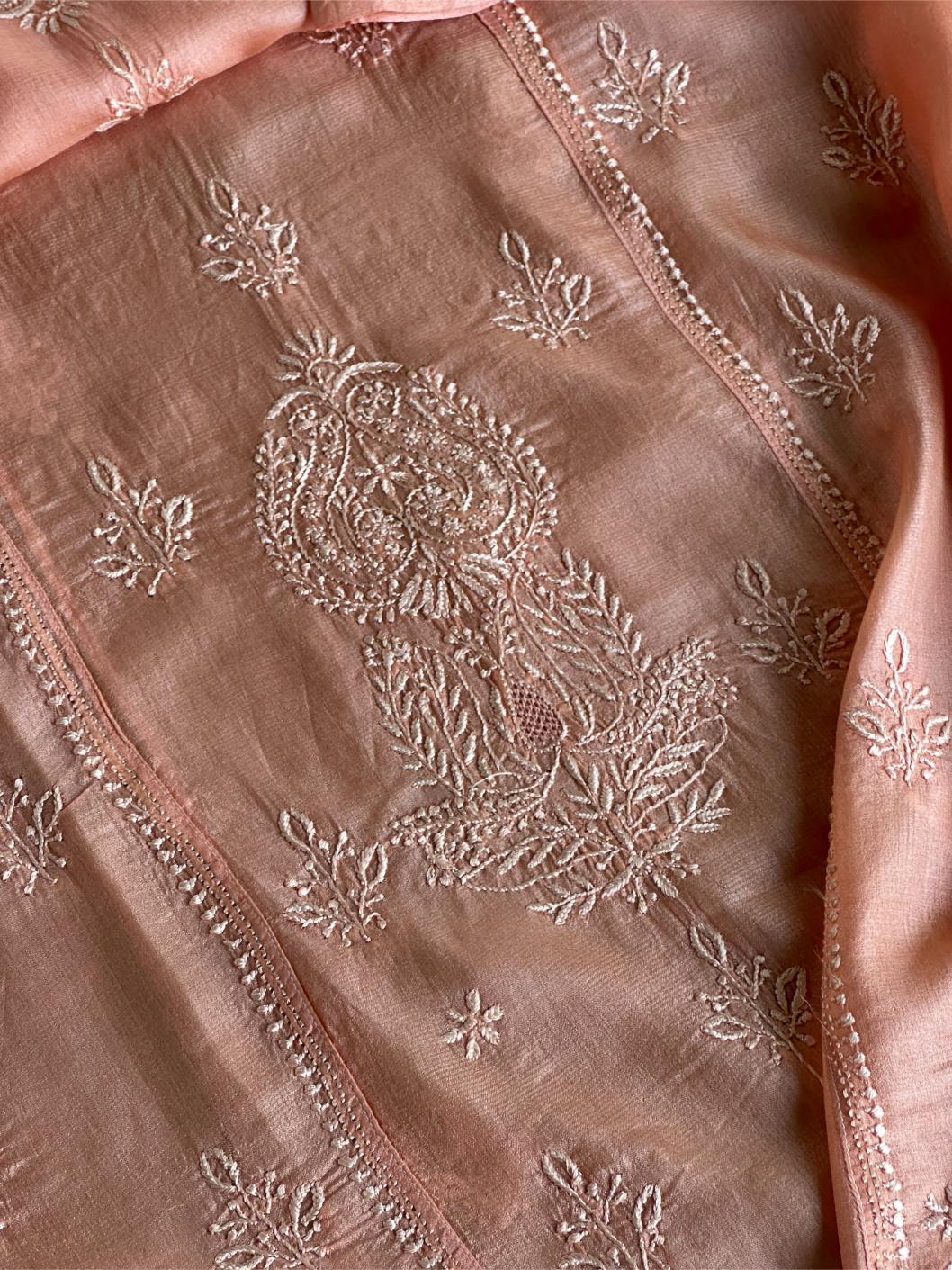 Peach Shade Mulberry Silk Resham Chikankari Kurta
