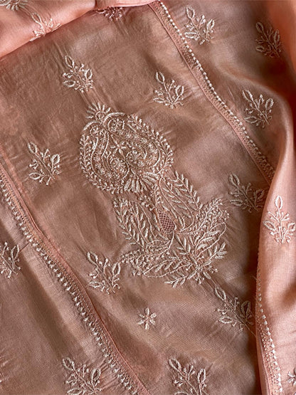 Peach Shade Mulberry Silk Resham Chikankari Kurta