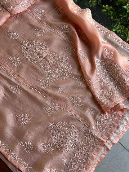 Peach Shade Mulberry Silk Resham Chikankari Kurta