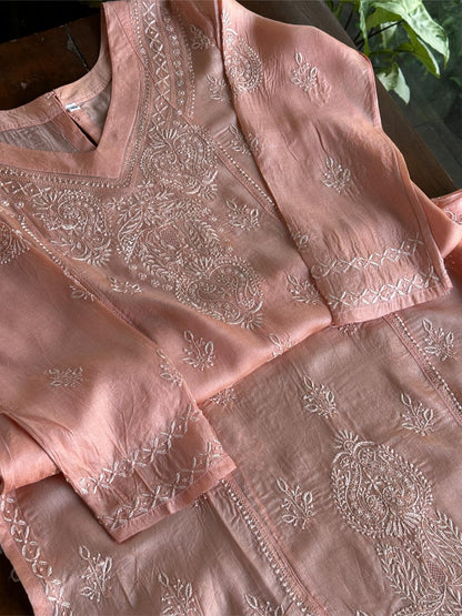 Peach Shade Mulberry Silk Resham Chikankari Kurta