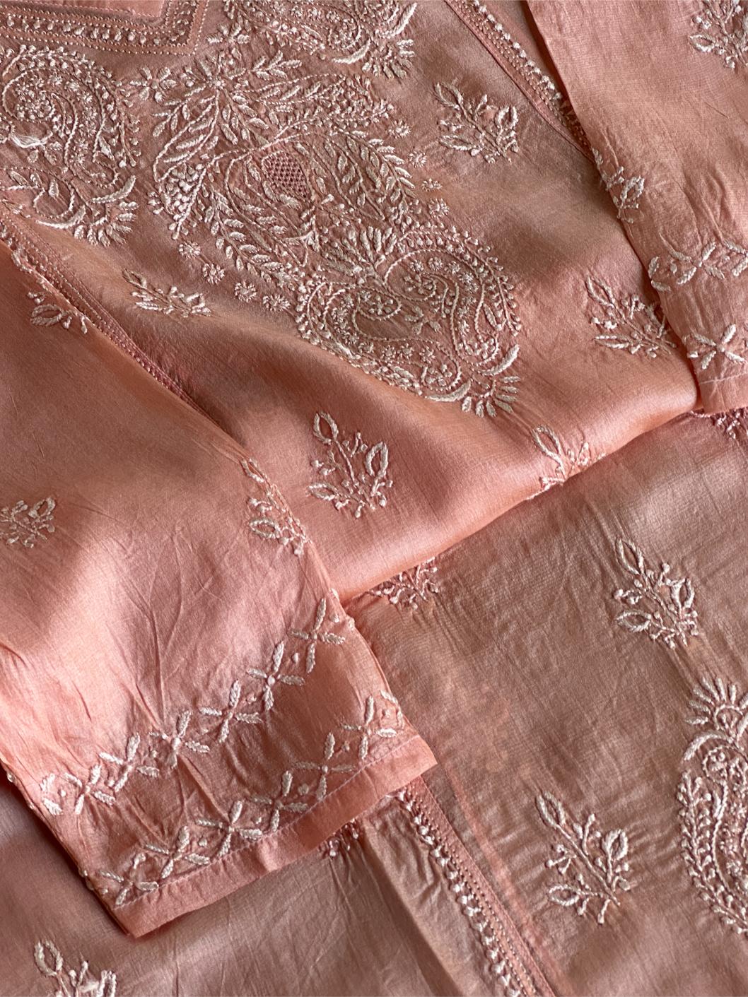 Peach Shade Mulberry Silk Resham Chikankari Kurta