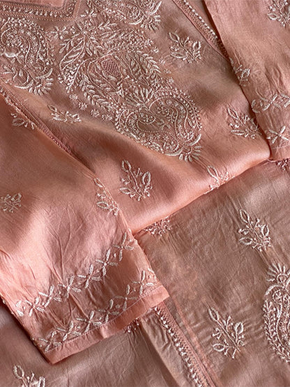 Peach Shade Mulberry Silk Resham Chikankari Kurta