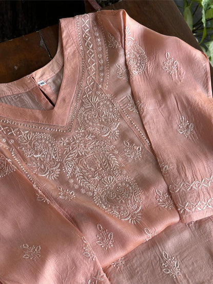 Peach Shade Mulberry Silk Resham Chikankari Kurta