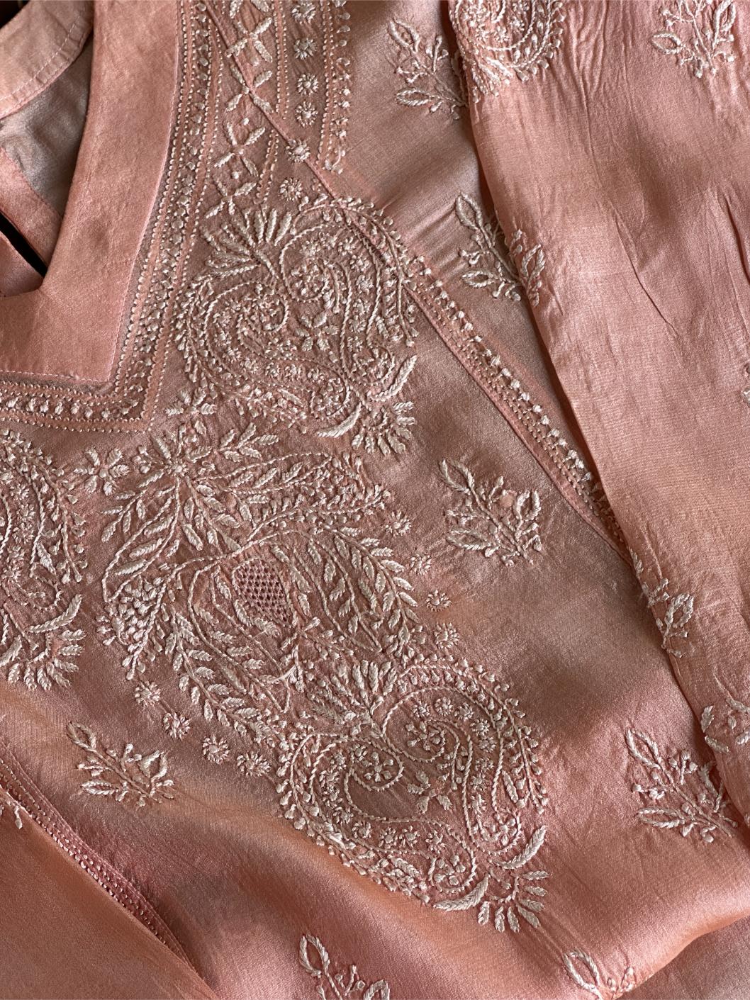 Peach Shade Mulberry Silk Resham Chikankari Kurta