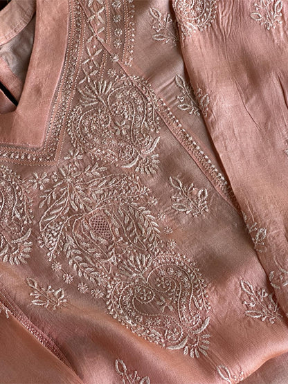 Peach Shade Mulberry Silk Resham Chikankari Kurta