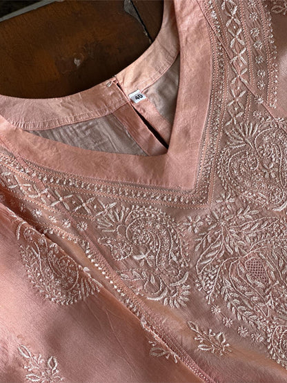 Peach Shade Mulberry Silk Resham Chikankari Kurta