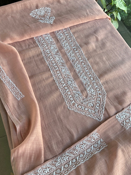 Peach Shade Mulmul Chikankari Unstitched Men's Kurtas Fabric