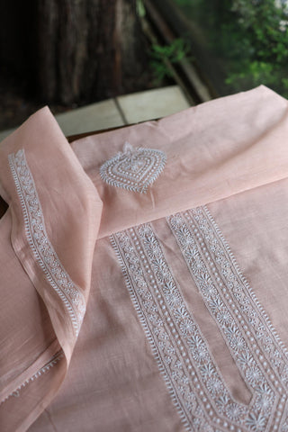 Peach Shade Mulmul Chikankari Unstitched Men's Kurtas Fabric