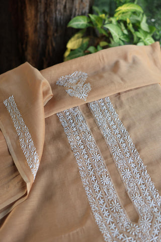Peach Shade Mulmul Chikankari Unstitched Men's Kurtas Fabric