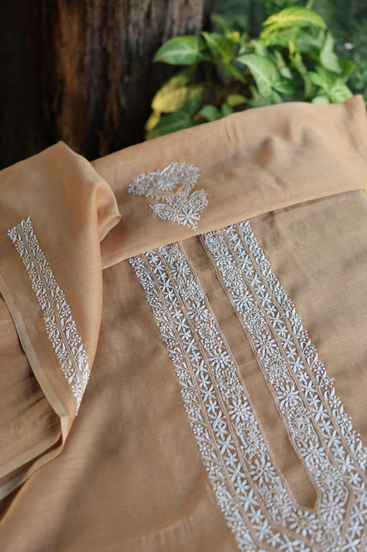 Peach Shade Mulmul Chikankari Unstitched Men's Kurtas Fabric