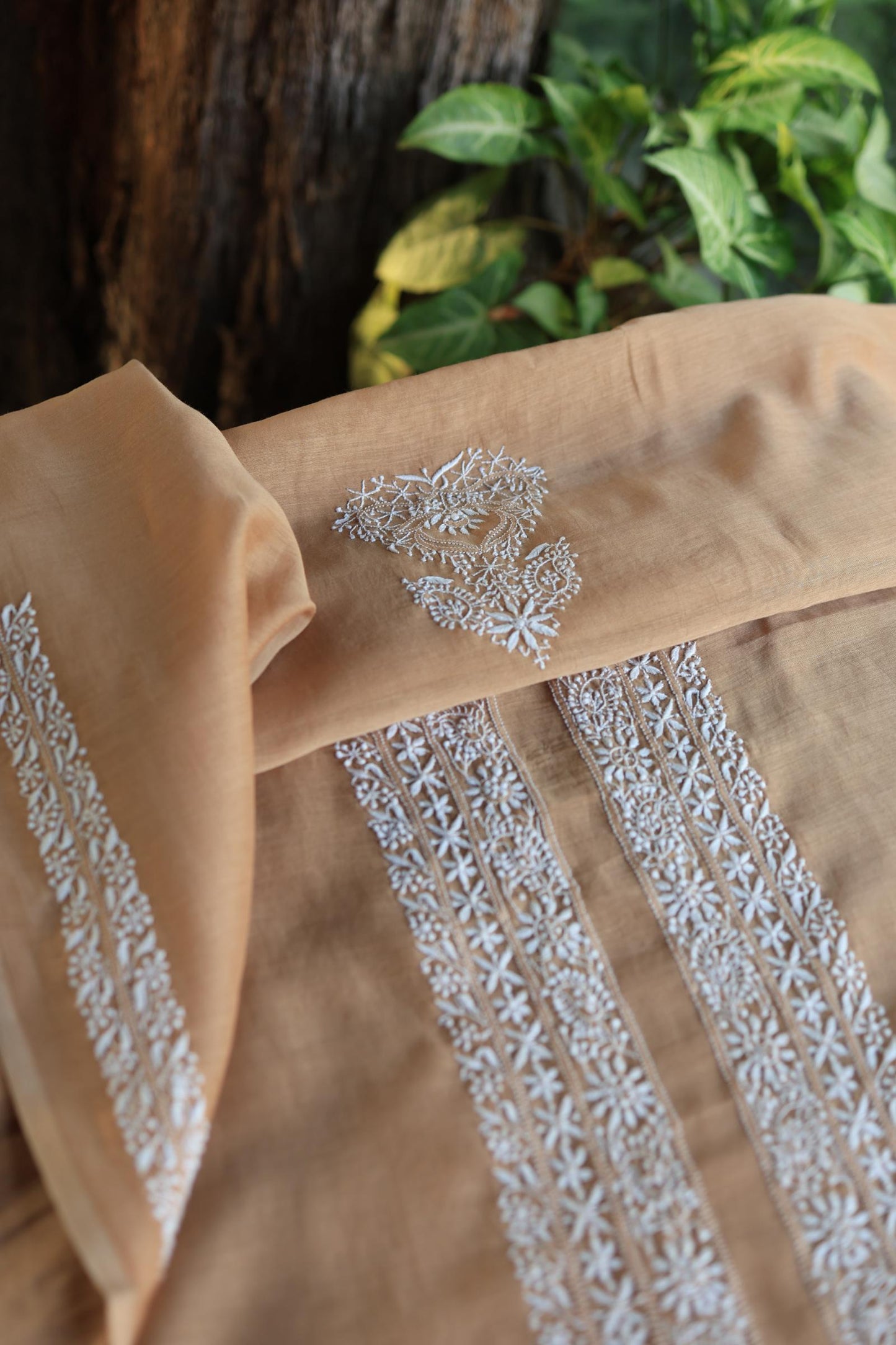 Peach Shade Mulmul Chikankari Unstitched Men's Kurtas Fabric