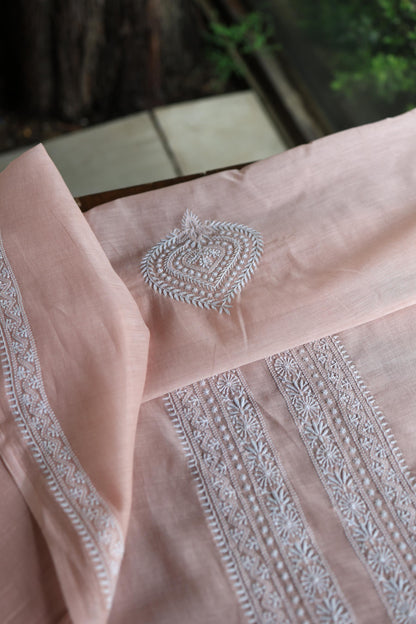 Peach Shade Mulmul Chikankari Unstitched Men's Kurtas Fabric