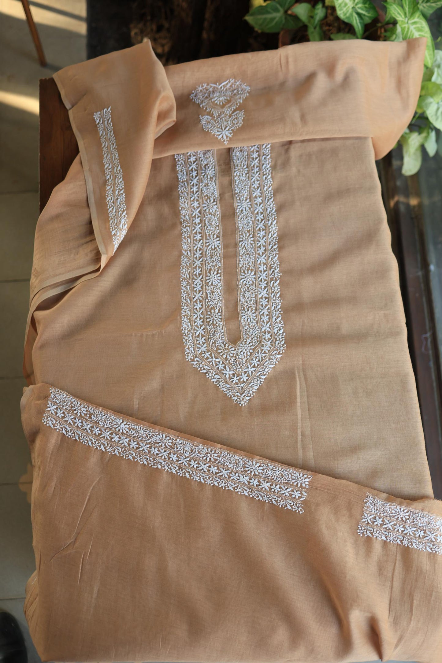 Peach Shade Mulmul Chikankari Unstitched Men's Kurtas Fabric