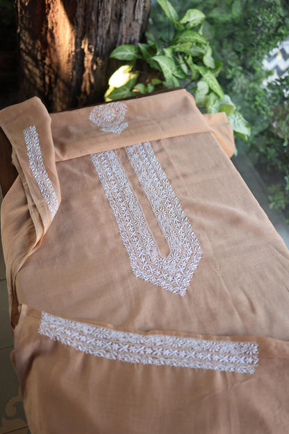 Peach Shade Mulmul Chikankari Unstitched Men's Kurtas Fabric