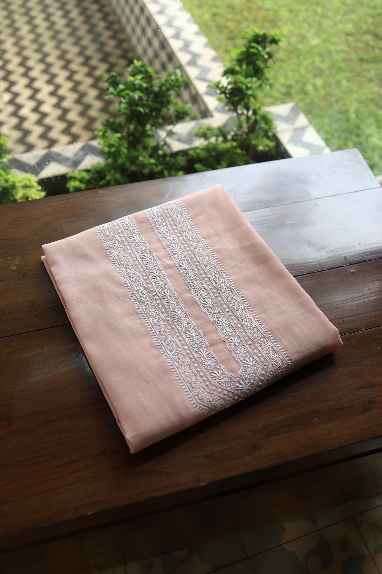 Peach Shade Mulmul Chikankari Unstitched Men's Kurtas Fabric