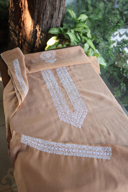 Peach Shade Mulmul Chikankari Unstitched Men's Kurtas Fabric