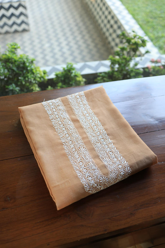 Peach Shade Mulmul Chikankari Unstitched Men's Kurtas Fabric