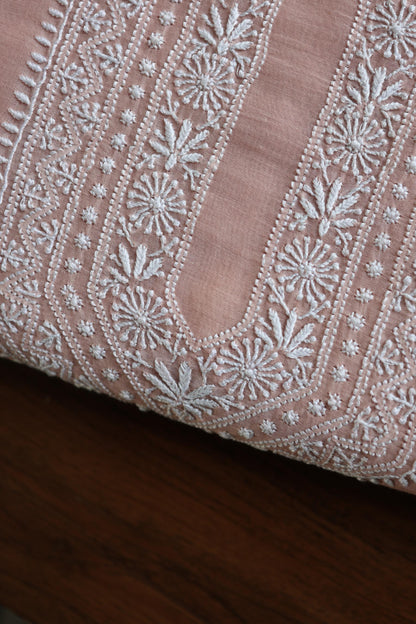 Peach Shade Mulmul Chikankari Unstitched Men's Kurtas Fabric