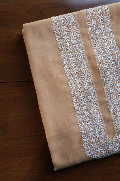 Peach Shade Mulmul Chikankari Unstitched Men's Kurtas Fabric