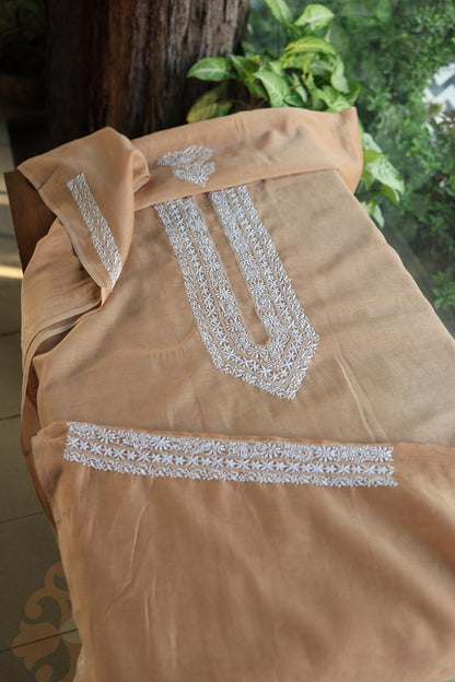 Peach Shade Mulmul Chikankari Unstitched Men's Kurtas Fabric