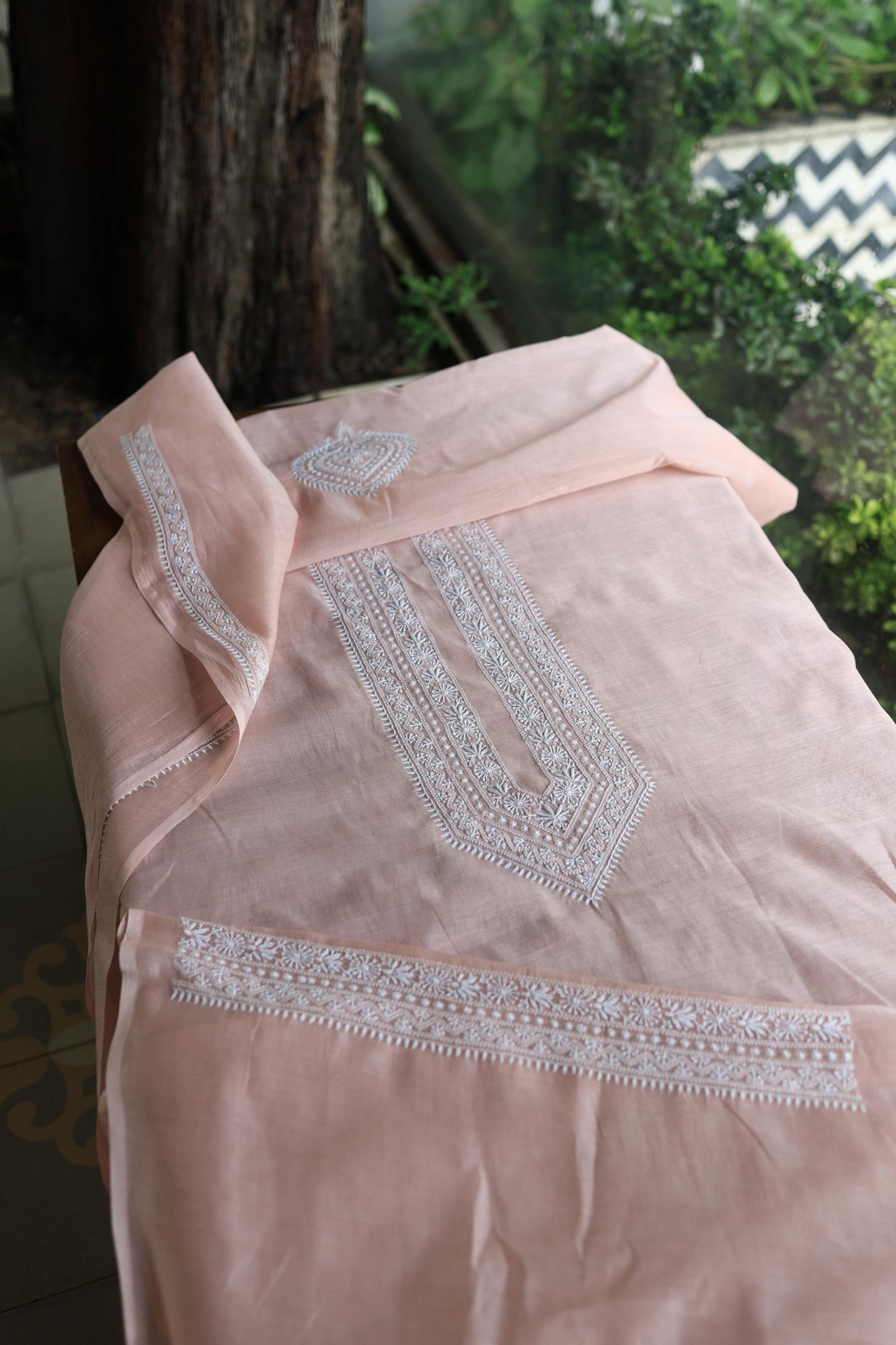 Peach Shade Mulmul Chikankari Unstitched Men's Kurtas Fabric