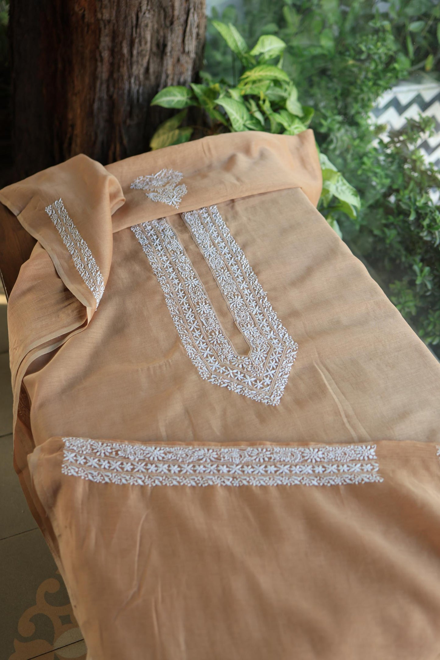 Peach Shade Mulmul Chikankari Unstitched Men's Kurtas Fabric