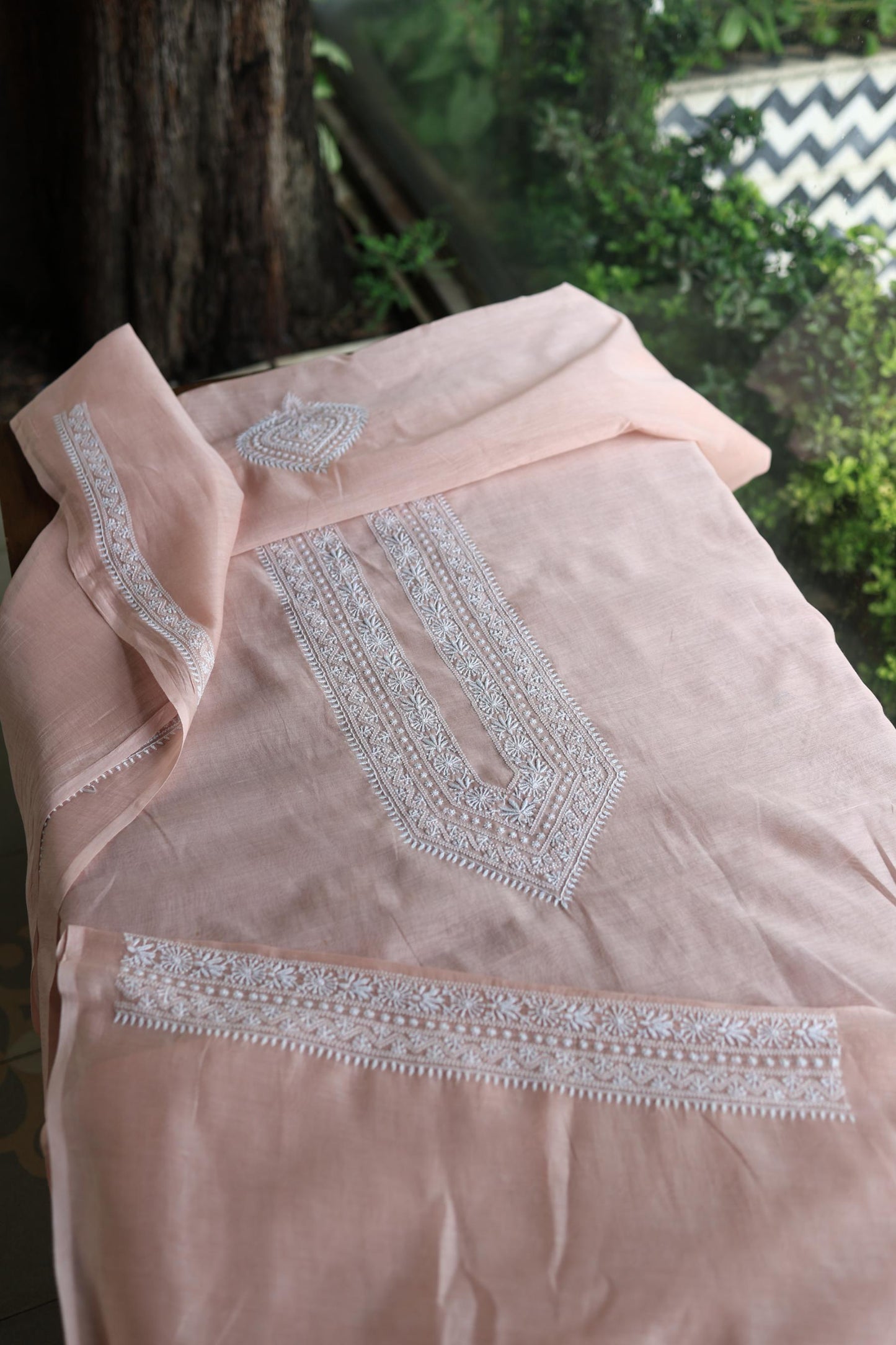 Peach Shade Mulmul Chikankari Unstitched Men's Kurtas Fabric
