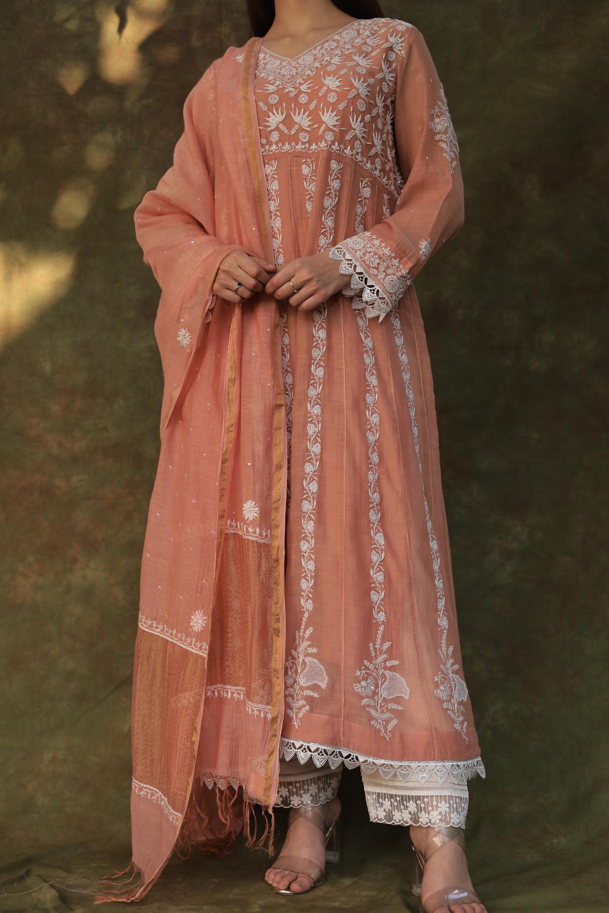 Peach Shade Mulmul Work With Chikankari Ready To Wear Anarkali With Dupatta
